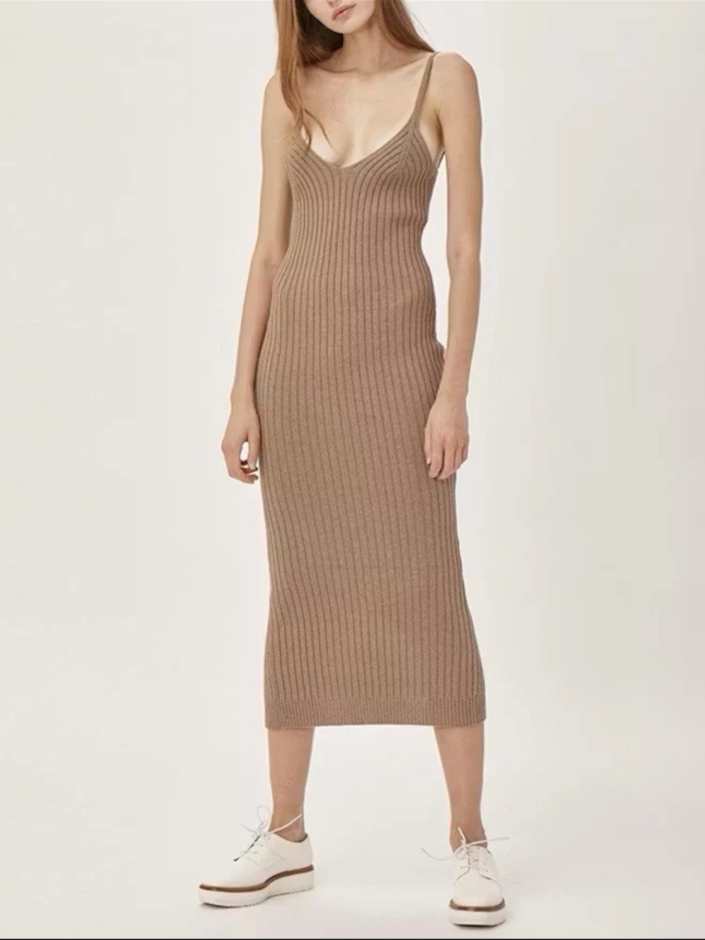Trois the label Ribbed V‑Neck Midi Dress in Taupe